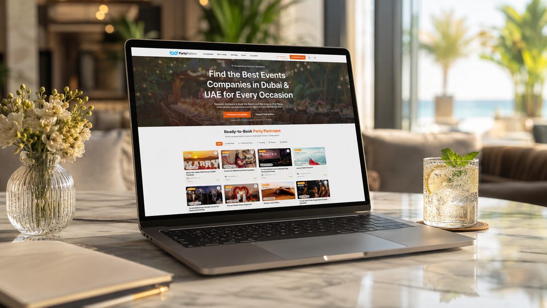 The PartyPlatform website shown on a laptop in a bright lounge setting